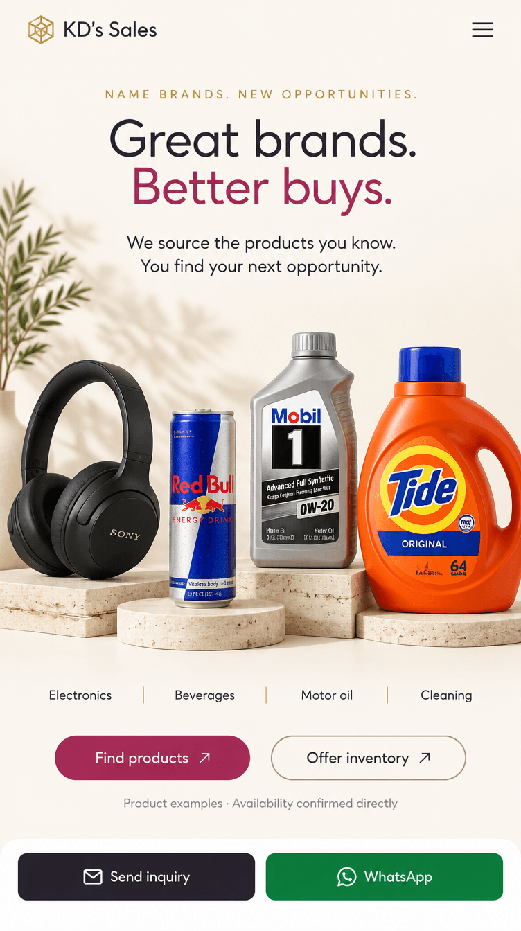 Illustrative Sony headphones, Red Bull, Mobil 1 motor oil and Tide cleaning supplies arranged on stone display surfaces